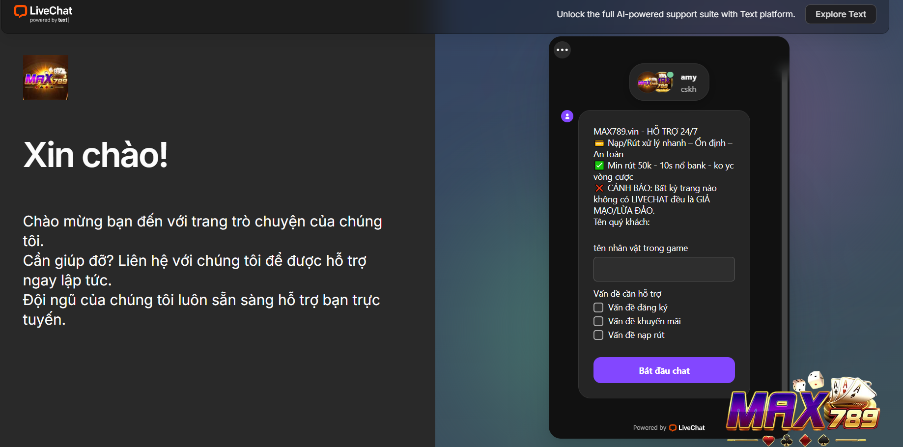CSKH Max789 hoạt động 24/7